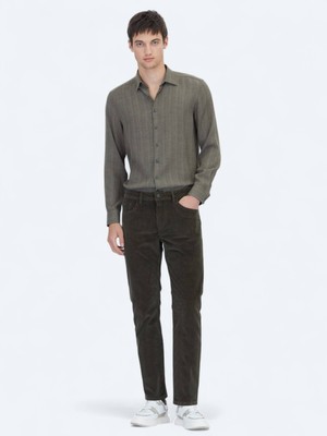 Kip Haki Fitilli Dokuma Slim Fit Kadife Casual Pamuk Karışımlı Pantolon