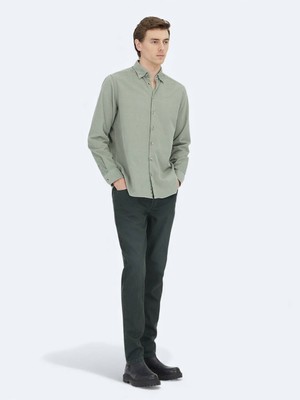 Kip Mint Çizgili Regular Fit Uzun Dokuma Kadife Casual %100 Pamuk Gömlek