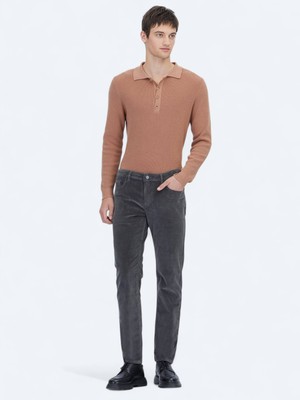 Kip Gri Fitilli Dokuma Slim Fit Kadife Casual Pamuk Karışımlı Pantolon