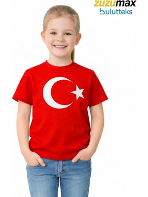 Bulut Teks Ataş Çocuk Bayraklı Tişört Kırmızı Renk 23 Nisan, 19 Mayıs, 29 Ekim Özel Pamuklu Kısa Kol