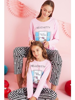 Siyah İnci Hello Kitty Lisanslı %100 Pamuk Pembe Çok Renkli Bisklet Yaka Pijama Takım HK208