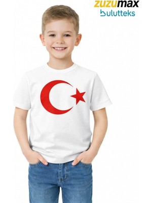 Bulut Teks Ataş Çocuk Bayraklı Tişört Beyaz Renk 23 Nisan, 19 Mayıs, 29 Ekim Özel Pamuklu Kısa Kol