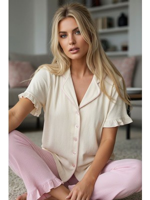 Siyah İnci Ekru Pembe Bürümcük-Krınkıl Kısa Kollu Düğmeli Biyeli Pijama Takım 7932
