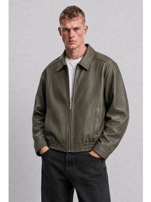Ohepmoda Oversize Rahat Kalıp Lastikli Erkek Deri Ceket