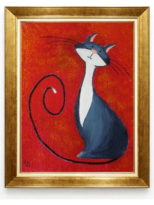 Giyense Tablore Sevimli Kedi Figürlü Altın Çerçeveli Tablo Modern Kedi Resimli Duvar Tablosu Çocuk ve Genç Odası