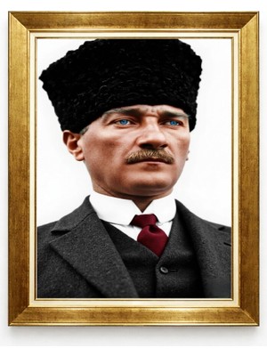 Giyense Tablore Kalpaklı Mustafa Kemal Atatürk Portresi Mavi Gözlü Gold Çerçeveli Kanvas Tablo