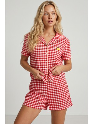 Siyah İnci Kırmızı Ekose Kareli Nakışlı Düğmeli Biyeli Ince Soft Örme Şortlu Pijama Takımı 8022