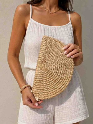 Mavis Çanta El Yapımı Hasır Clutch Çanta | Fermuarlı Bilek Askılı Yarım Ay Tasarım Yazlık Kadın El Çantası | Şık ve Kullanışlı