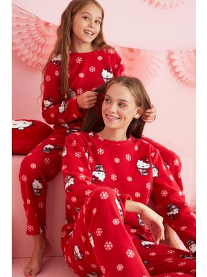 Siyah İnci Hello Kitty Lisanslı Polar Kırmızı Çok Renkli Bisklet Yaka Pijama Takım HK324