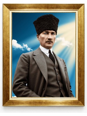 Giyense Tablore Kalpaklı Mustafa Kemal Atatürk Portresi Gökyüzü Temalı Çerçeveli Tablo