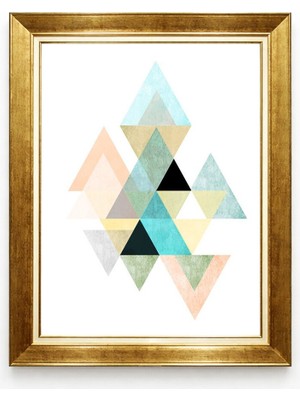 Giyense Tablore Modern Geometrik Üçgen Desenli Pastel Tonlar Gold Çerçeveli Kanvas Duvar Tablosu