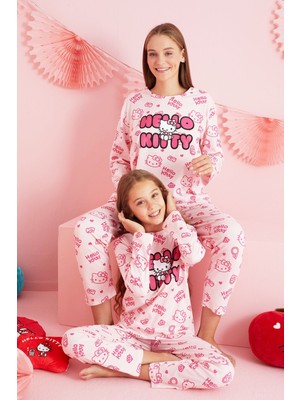 Siyah İnci Hello Kitty Lisanslı %100 Pamuk Somon Çok Renkli Bisklet Yaka Pijama Takım HK221