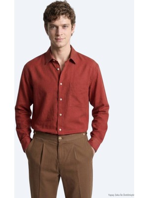 Kip Kiremit Düz Oversize Fit Uzun Dokuma Casual Gömlek