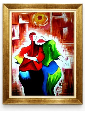 Giyense Tablore Modern Ekspresyonist Çift Figürlü Altın Çerçeveli Tablo Yağlıboya Görünümlü Sanat Duvar Tablosu