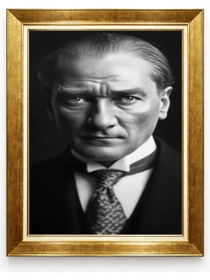 Giyense Tablore Mustafa Kemal Atatürk Portresi Altın Çerçeveli Kanvas Tablo Siyah Beyaz Ofis Tablosu