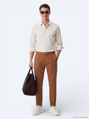Kip Safran Çizgili Regular Fit Uzun Dokuma Casual Gömlek