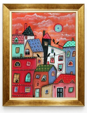 Giyense Tablore Naif Sanat Renkli Evler Altın Çerçeveli Tablo Neşeli Şehir Illüstrasyonu Çocuk Odası ve Salon Tablosu