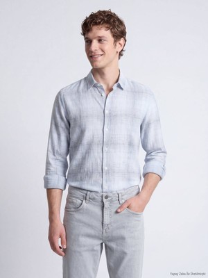 Kip Lacivert Kareli Regular Fit Uzun Dokuma Casual Pamuk Karışımlı Gömlek