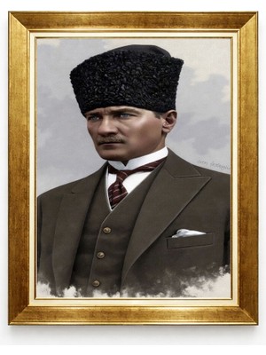 Giyense Tablore Kalpaklı Mustafa Kemal Atatürk Portresi Altın Çerçeveli Kanvas Tablo