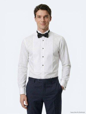 Kip Beyaz Düz Slim Fit Duble Manşet Smokin Gömlek