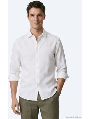 Kip Beyaz Düz Regular Fit Uzun Dokuma Casual %100 Pamuk Gömlek