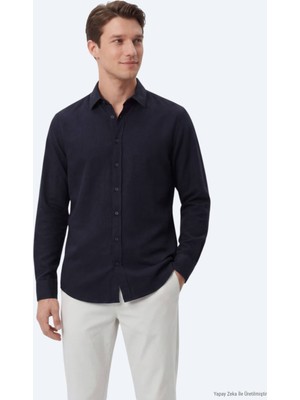 Kip Lacivert Düz Regular Fit Uzun Dokuma Casual %100 Pamuk Gömlek