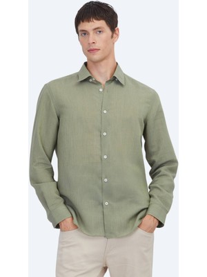 Kip Yeşil Çizgili Regular Fit Dokuma Casual Gömlek