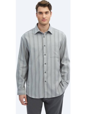 Kip Gri Çizgili Oversize Fit Dokuma Casual Pamuk Karışımlı Gömlek