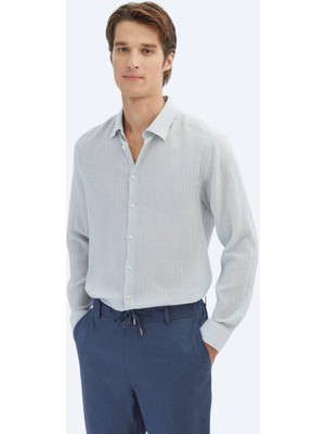 Kip Mavi Çizgili Regular Fit Dokuma Casual Pamuk Karışımlı Gömlek