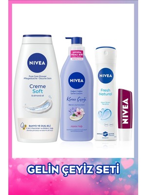 Nivea Gelin Çeyiz Seti, Creme Soft Duş Jeli, Kiraz Çiçeği Nemlendirici Vücut Losyonu, Sprey Deodorant ve Dudak Kremi, Kadın Bakım Seti