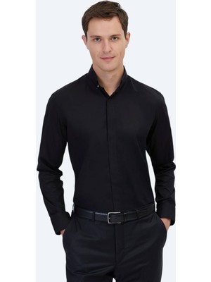Kip Siyah Regular Fit Uzun Dokuma Klasik %100 Pamuk Gömlek
