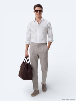 Kip Beyaz Çizgili Regular Fit Uzun Dokuma Casual Pamuk Karışımlı Gömlek