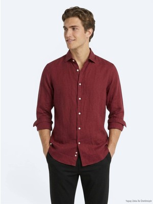 Kip Bordo Düz Regular Fit Uzun Dokuma Casual Pamuk Karışımlı Gömlek