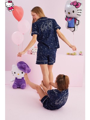 Siyah İnci Hello Kitty Lisanslı %100 Pamuk Lacivert Çok Renkli Düğmeli Biyeli Şort Pijama Takım