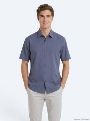 Kip İndigo Çizgili Oversize Fit Kısa Dokuma Casual Gömlek