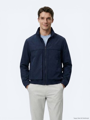 Kip Lacivert Relaxed Fit Dik Yaka Casual Dokuma Mont