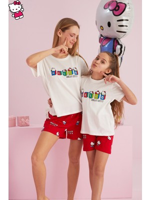 Siyah İnci Hello Kitty Lisanslı %100 Pamuk Beyaz Çok Renkli Bisklet Yaka Şort Pijama Takım