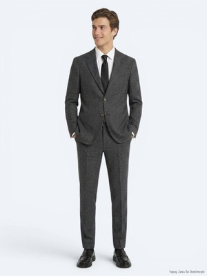 Kip Siyah Desenli Modern Fit Keten Karışımlı Takım Elbise