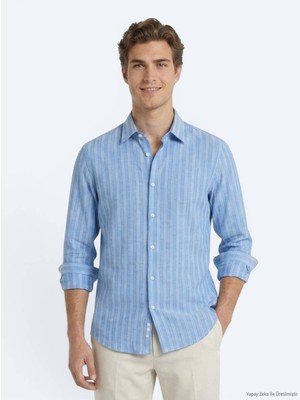 Kip Açık Mavi Çizgili Regular Fit Uzun Dokuma Casual %100 Pamuk Gömlek