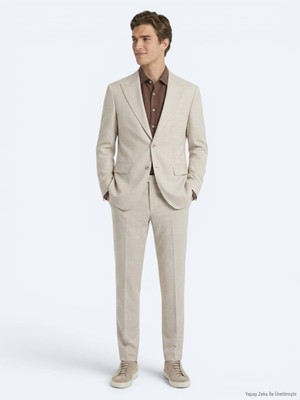 Kip Bej Desenli Modern Fit Yün Karışımlı Takım Elbise