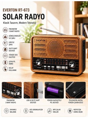 Abnturk Solar Güneş Enerjili Bluetooth USB Sd Kart Radyo Mp3 Çalar Nostaltik Radyo Evde Kampta Bahçede Müzik Kutusu 16X10CM