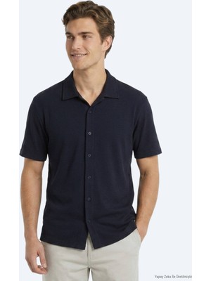 Kip Lacivert Çizgili Regular Fit Kısa Casual Gömlek