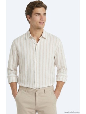 Kip Açık Bej Çizgili Oversize Fit Uzun Dokuma Casual Keten Karışımlı Gömlek