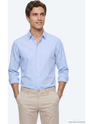 Kip Mavi Çizgili Regular Fit Uzun Dokuma Casual %100 Pamuk Gömlek