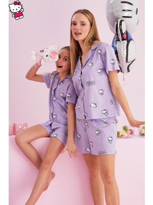 Siyah İnci Hello Kitty Lisanslı %100 Pamuk Lila Çok Renkli Düğmeli Şort Pijama Takım