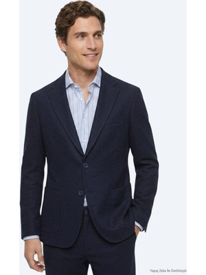Kip Lacivert Çizgili Modern Fit Pamuk Karışımlı Örme Takım Elbise