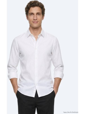 Kip Beyaz Çizgili Regular Fit Uzun Dokuma Casual %100 Pamuk Gömlek