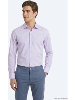 Kip Lila Düz Regular Fit Uzun Dokuma Casual Pamuk Karışımlı Gömlek