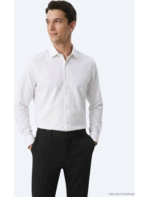 Kip Beyaz Düz Regular Fit Uzun Dokuma Casual Pamuk Karışımlı Gömlek