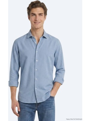 Kip Koyu Indigo Düz Regular Fit Uzun Dokuma Casual Pamuk Karışımlı Gömlek
